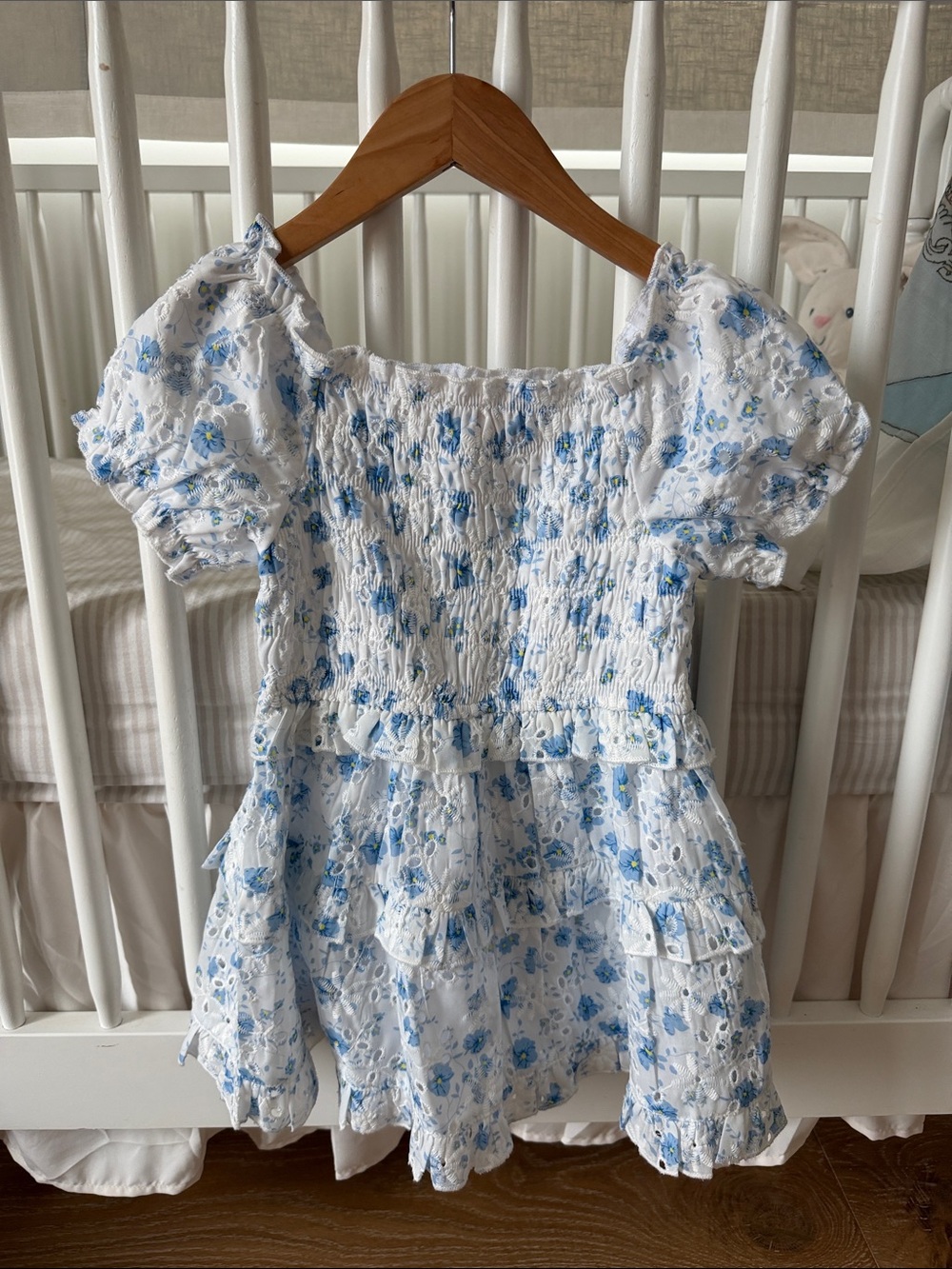 Baby Sara Girls' White and Light Blue Floral Smocked Dress